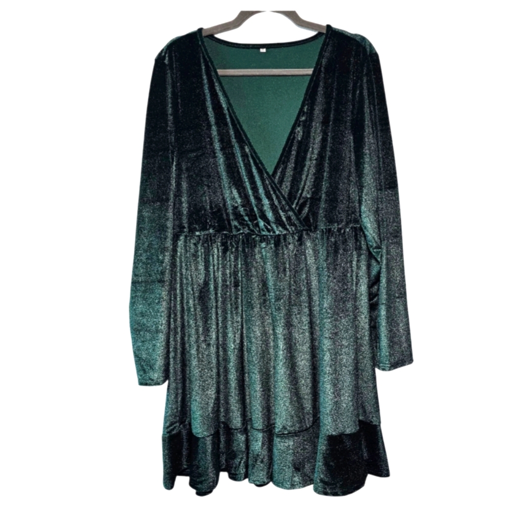 Womens Green Velvet V Neck Dress Empire Waist, Long Sleeve Sz 2XL